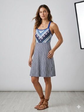 Prana Cora Print Dress Blue Geometric Ikat Racerback Strap with Built-In Bra